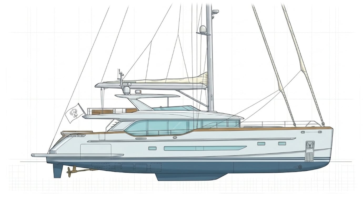 hochwertige Seitenansicht einer Yacht (Hybrid aus Segel- und Motoryacht-Stil).